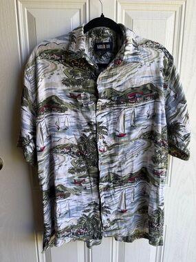 Keeler Bay Men's Tropical Print Button-Up Shirt - White with Green & Red Size L